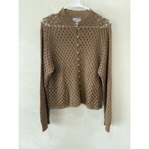 April Cornell Cardigan Sweater Large L VTG Vintage Crochet Tan Brown Cottagecore